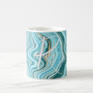 Caneca De Café Teal Tan Agate Marble Abstrato Name Monograma