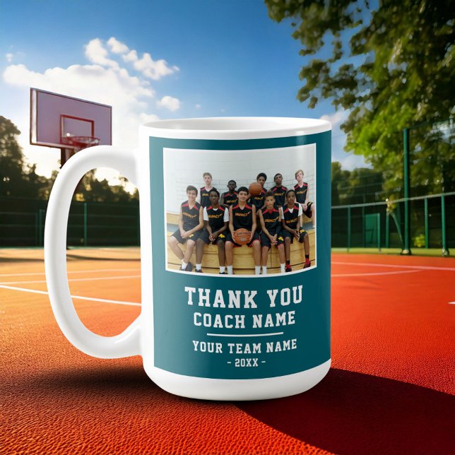 Caneca De Café Teal Thank you Coach Team Name Photo (Criador carregado)