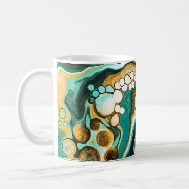 Caneca De Café Teal, Turquesa, Dourada, Arte Líquida Branca (Esquerda)