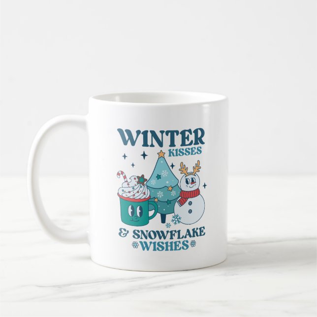 Caneca De Café Teal Winter Kisses & Snowflake Desejam Bonitos (Esquerda)