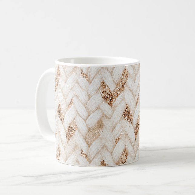 Caneca De Café Tecido Falso Branco Trançado com Brilho Dourado   (Frente Esquerda)