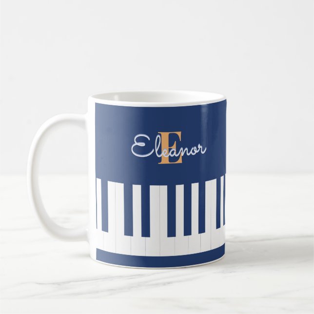 Caneca De Café Teclas Monograma Musical Keyboard Music Blue Piano (Esquerda)
