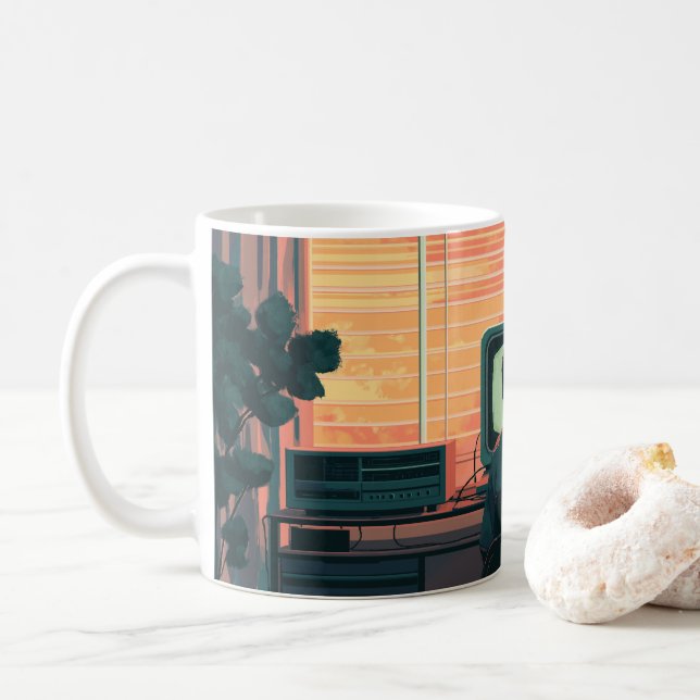 Caneca De Café teenager sitting in front of pc retro Lofi style (Com Donut)
