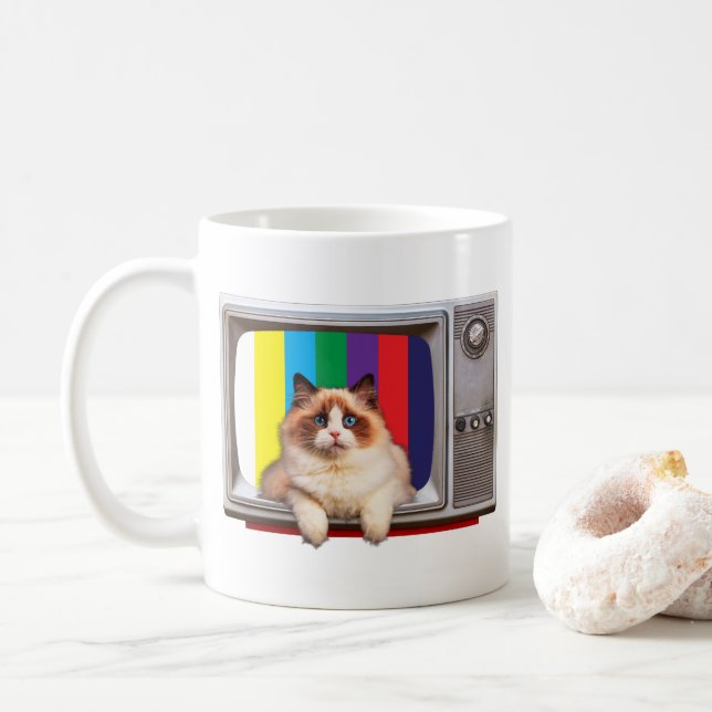 Caneca De Café Televisão de Gatos Amantes, Monitores de Televisão (Com Donut)