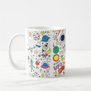 Caneca De Café Tema espacial na ilustração do estilo de rabisco