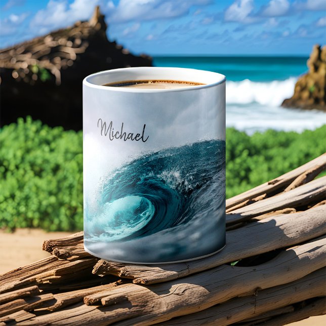 Caneca De Café Tempestade Teal Blue Ocean Onda Água Bruta (Ocean wave personalized surfing mug)
