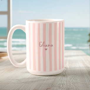 Caneca De Café Tên Personalizado Fofo Listras Rosa Menina