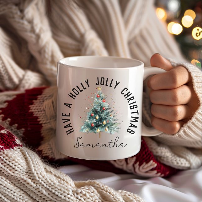 Caneca De Café Tenha um nome personalizado Holly Jolly Christmas  (custom name, personalized name, christmas mug, christmas vibes, thanksgiving, christmas decor,)