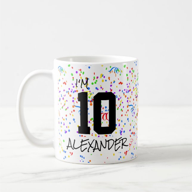 Caneca De Café Tenho 10 Adicione nome e foto Confetti Birthday Ca (Esquerda)