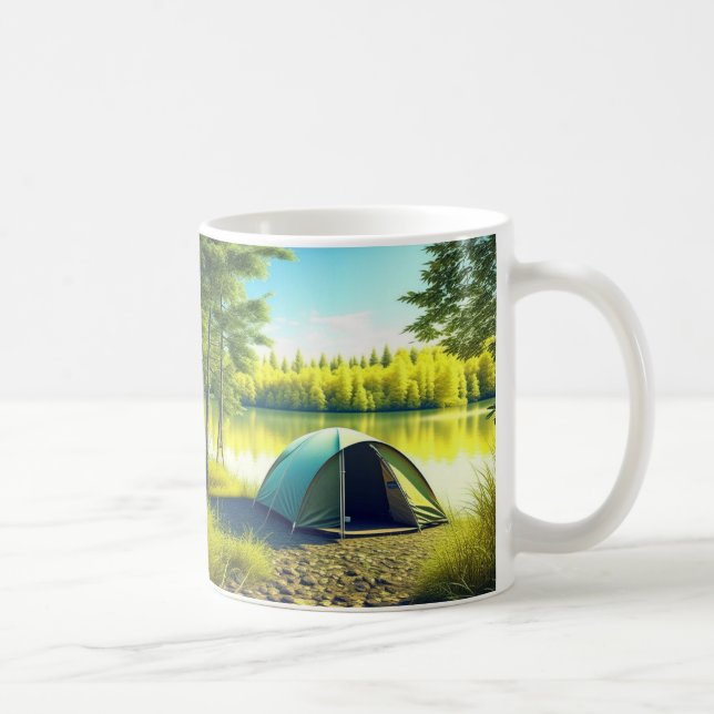 Caneca De Café Tent em uma Floresta Bonita por um Lago (Direita)