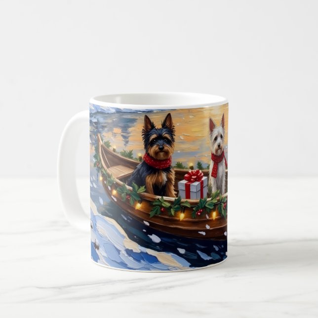 Caneca De Café Término de Natal do Biewer Terrier no Barco (Frente Esquerda)