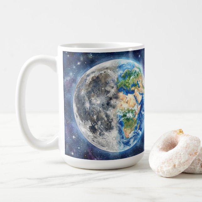 Caneca De Café Terra & Lua Aquarela Galáxia Design Celestial (Com Donut)