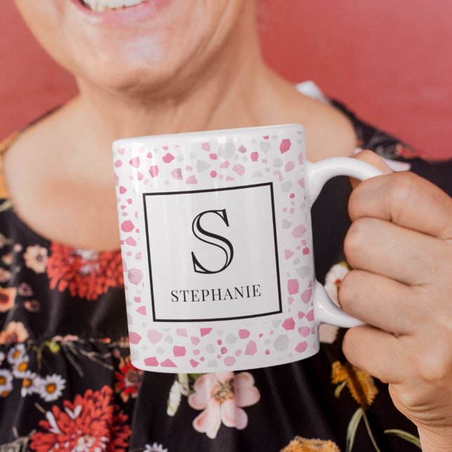 Caneca De Café Terraço Rosa e Branco com Padrão Feminino Monogram (Criador carregado)