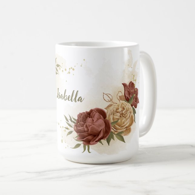 Caneca De Café terracota floral verde terroso (Frente Esquerda)