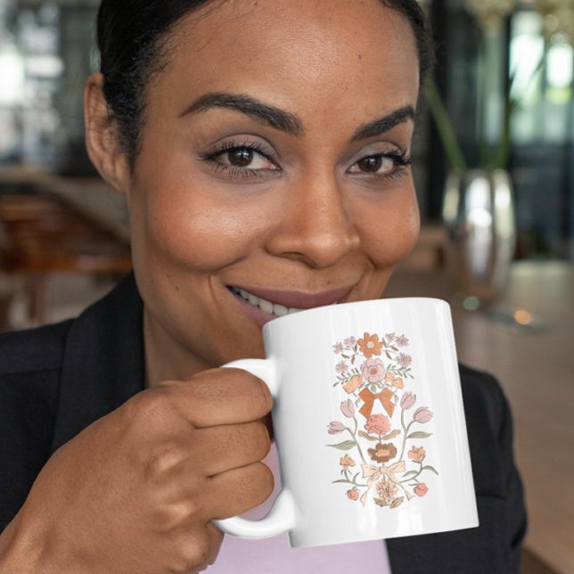 Caneca De Café Terracotta Boho Floral Ribbon (Criador carregado)