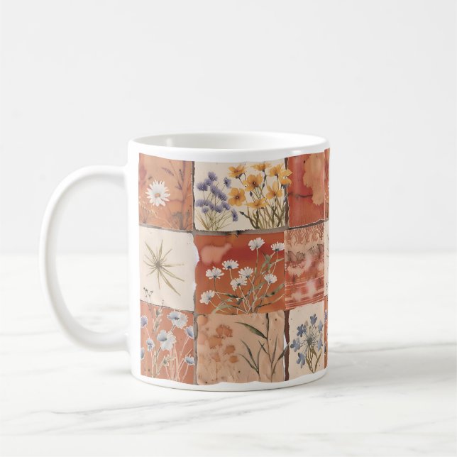 Caneca De Café Terracotta Wildflower Patchwork Rustic Boho Primav (Esquerda)