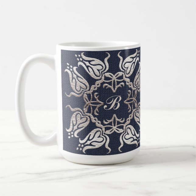 Caneca De Café teste padrão azul floral do estilo barroco (Esquerda)