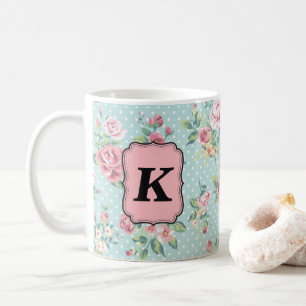 Caneca De Café Teste padrão cor-de-rosa do vintage com monograma