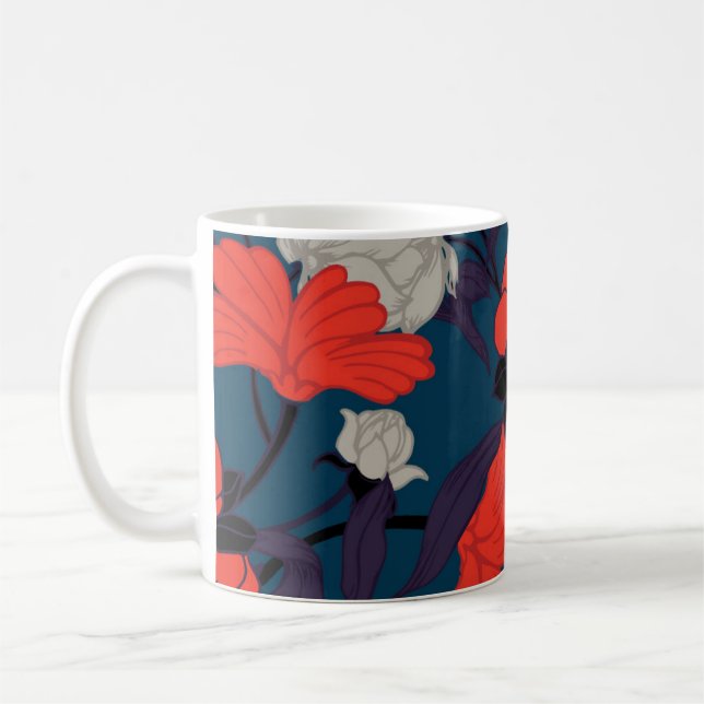 Caneca De Café Teste padrão floral azul & vermelho elegante (Esquerda)