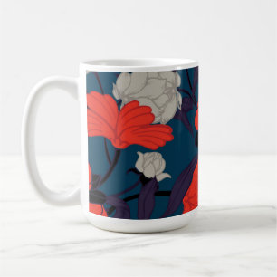 Caneca De Café Teste padrão floral azul & vermelho elegante