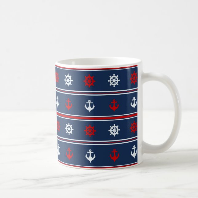 Caneca De Café Teste padrão náutico branco e azul vermelho (Direita)