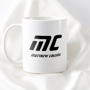 Caneca De Café Texto de Nome com Monograma Preto Moderno Minimali