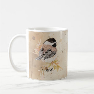 Caneca De Café Texto de Nome Personalizado Chickadee Pássaro Aqua