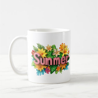 Caneca De Café Texto de Verão - Ilustração Colorida das Flores de