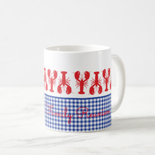 Caneca De Café Texto Personalizado Costeiro Gingham Branco Azul L