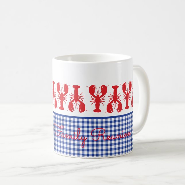 Caneca De Café Texto Personalizado Costeiro Gingham Branco Azul L (Frente Esquerda)