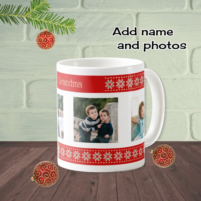 Caneca De Café Texto personalizado quatro fotos padrão de natal (Criador carregado)