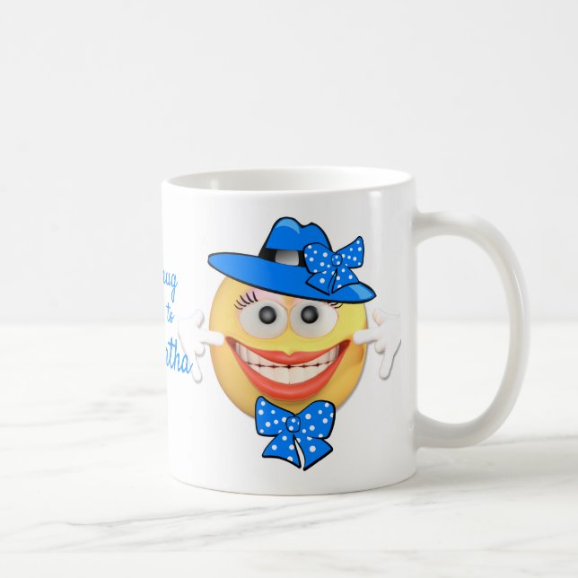 Caneca De Café Texto personalizado sorrindo Emoji em Chapéu Azul  (Direita)