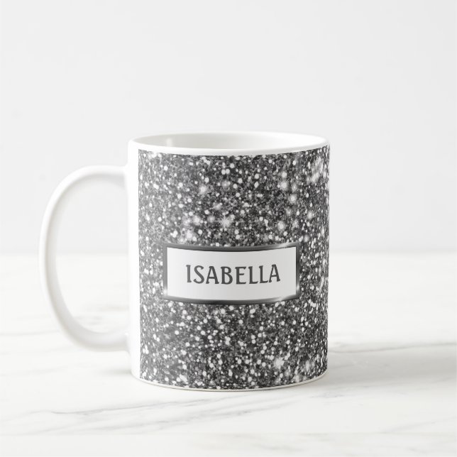 Caneca De Café Textura de Brilho Prateado Falso e Nome Personaliz (Esquerda)