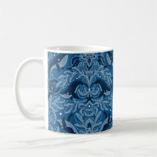 Caneca De Café Textura náutica de damasco com baleias, vintag mo