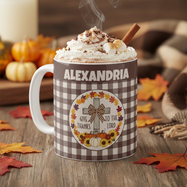 Caneca De Café Thanksgiving Give Thanks To The Lord Brown Plaid (Criador carregado)