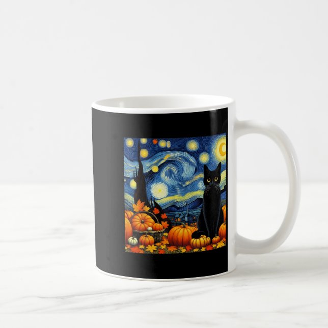 Caneca De Café Thanksgiving Van Gogh Starry Night Black Cat Pumpk (Direita)