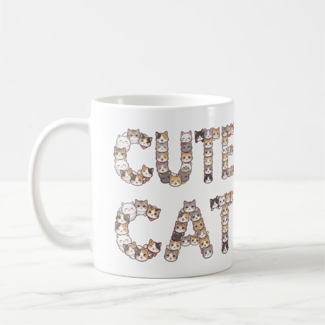 Caneca De Café The words "CUTE CAT" are made using cat faces (Esquerda)