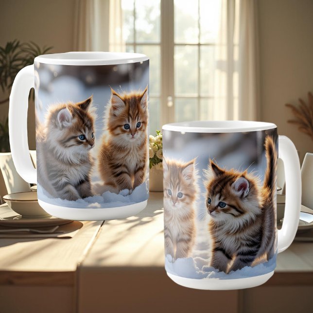Caneca De Café Three adorable kittens playing in the snow, cute (Criador carregado)