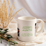 Caneca De Café Tia 2 Fotos de Bebê Personalizadas e Estatísticas<br><div class="desc">Moderno mantém uma caneca de fotos para uma nova tia. A design tem uma paleta verde e branca com texto de máquina de escrever e tipografia moderna. O modelo está preparado para você adicionar duas fotos, o novo título da tia (tia, tia, etc.) assim como a hora e a data...</div>