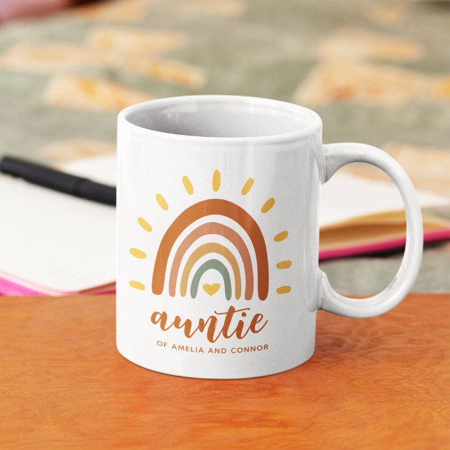 Caneca De Café Tia Nome Personalizado Boho Earth Tone Rainbow Sun (Criador carregado)