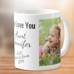 Caneca De Café Tia Nós Te Amamos Fotografias Personalizadas<br><div class="desc">Celebre uma tia favorita com este design de fotos personalizado. Você pode adicionar duas fotos de sobrinhos e sobrinhos, personalizar a expressão para "Eu te amo" ou "Nós te amamos", e personalizar o nome dela. Você também pode adicionar os nomes das sobrinhas e sobrinhos dela e o ano (se precisar...</div>