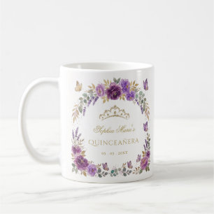 Caneca De Café Tiarra Floral Borboleta Roxo Dourado Quinceañera