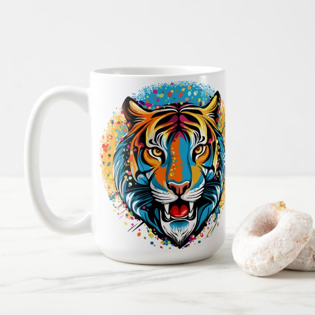 Caneca De Café Tiger Head Rainbow colors paint stains (Com Donut)