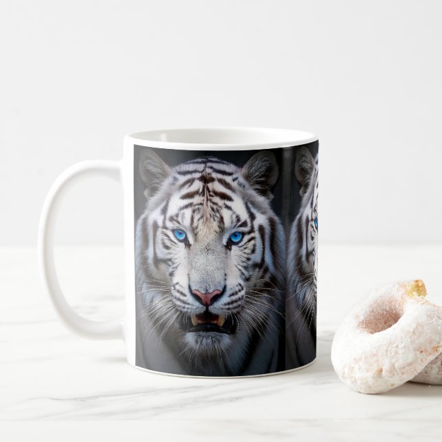 Caneca De Café Tigre branco com olhos azuis (Com Donut)