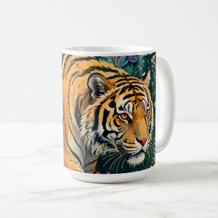 Caneca De Café Tigre com Olhos Âmbar Folhagem da Selva Fantasia