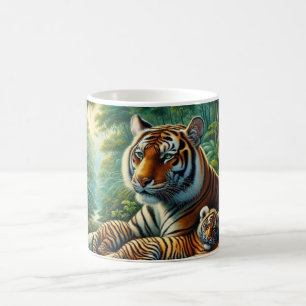 Caneca De Café Tigre e Cub em uma Pintura da Selva Esmagada