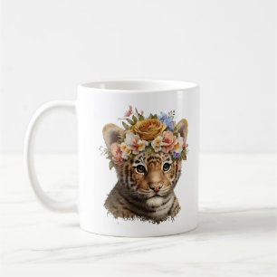 Caneca De Café Tigre Floral De Cores Aquáticas