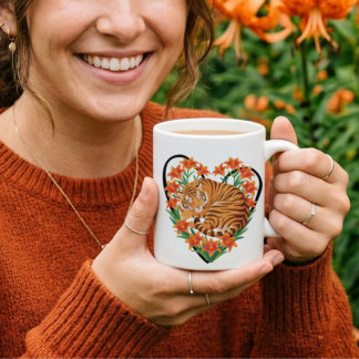 Caneca De Café Tigre fofo com coração floral de lírio laranja