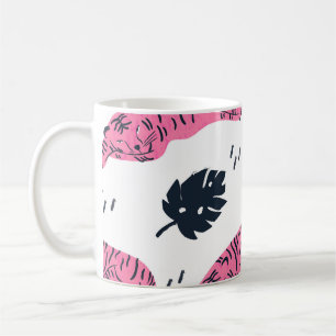 Caneca De Café Tigre Rosa Tropical: Desenho De Mão Vintage.