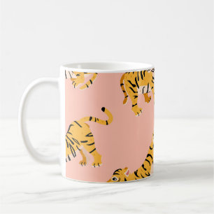 Caneca De Café Tigres de desenho animado, padrão de vinheta rosa.